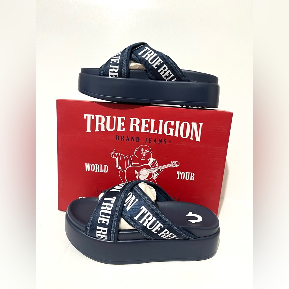 True Religion Blue Cross Strap Sandals